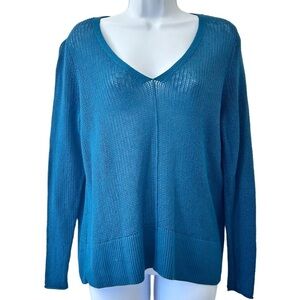 EILEEN FISHER Merino Wool Blend Open Knit Sweater Size L Blue